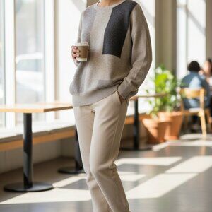 Vince Women's Colorblock Cashmere Sweater S Gray/Beige/Charcoal 100% Cashmere